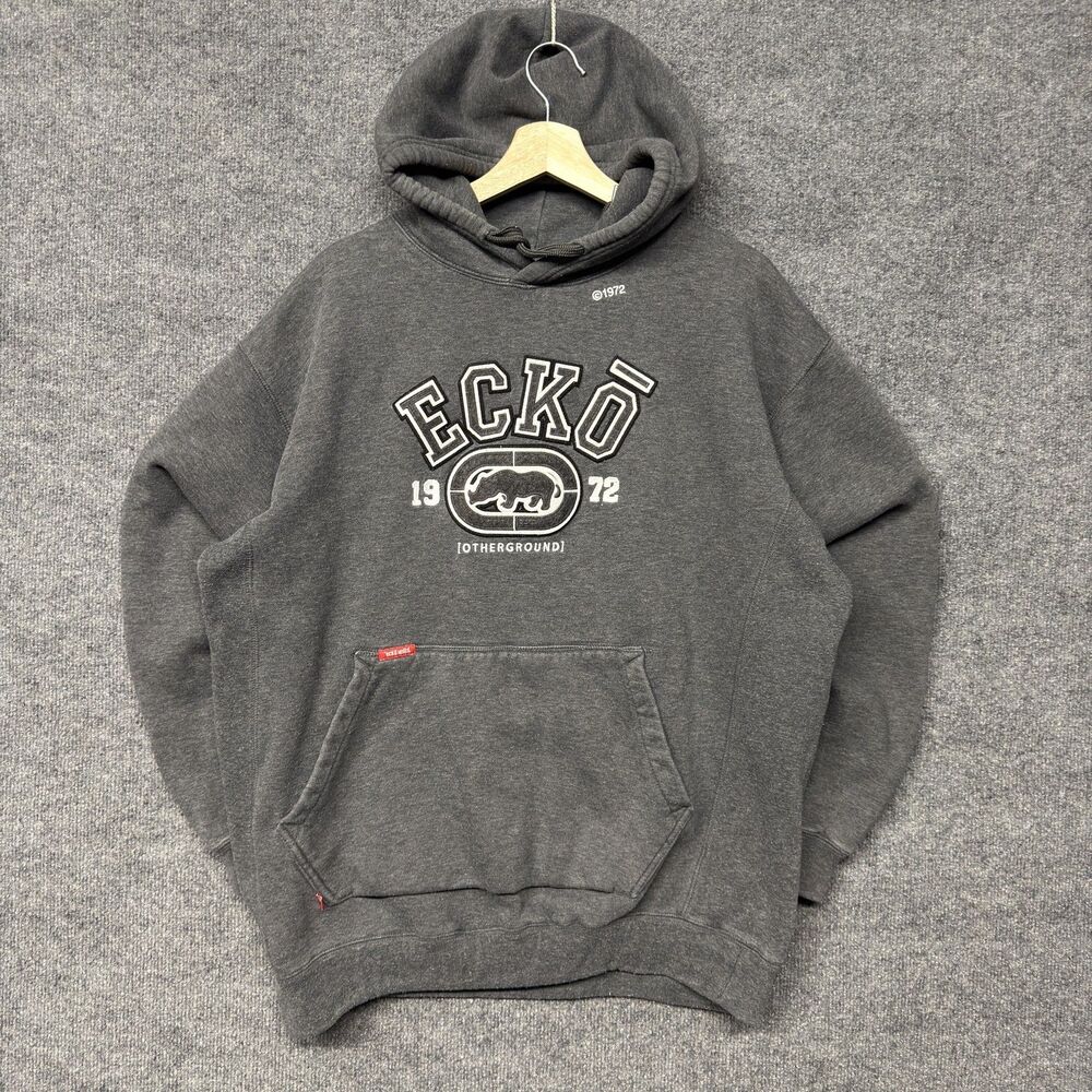 Ecko Unltd Hoodie Mens L Gray Fleece Pullover 1972 Rhino Graphic Logo Y2K Skater